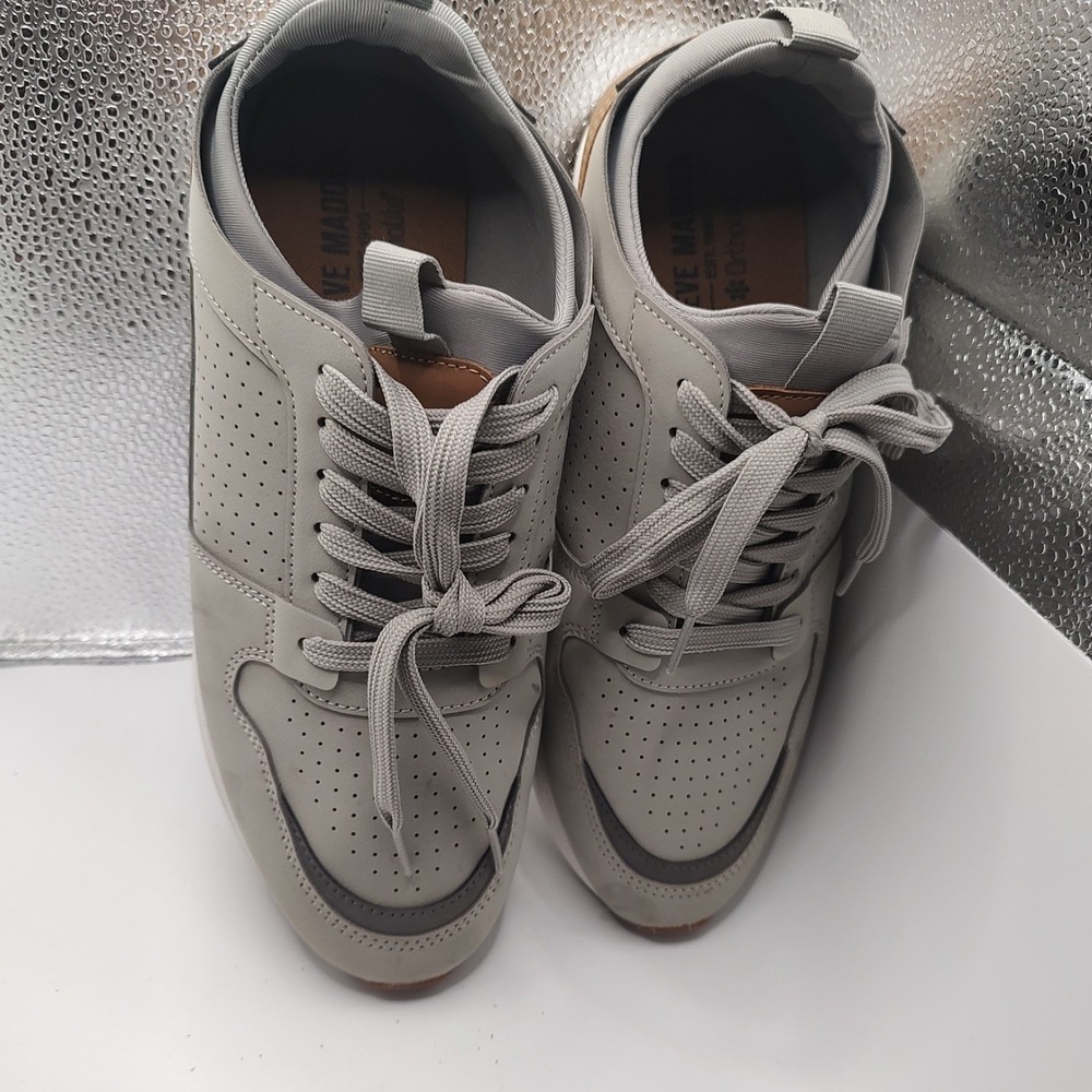 Steve Madden Mens Grey Perforated Lace Up Casual Fashion Sneakers Shoes